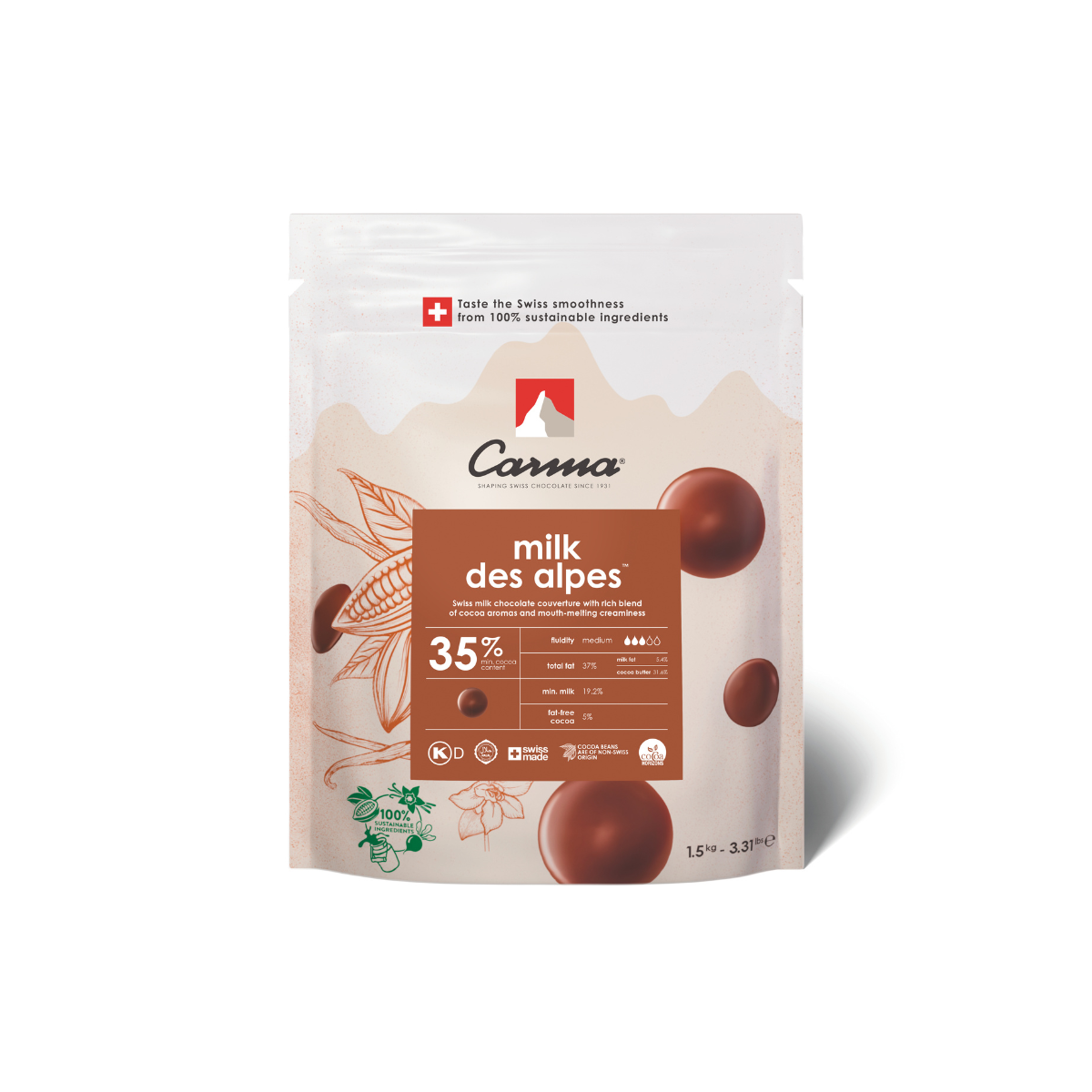 Carma Chocolate Drops Milk Des Alpes 35% 1,5kg