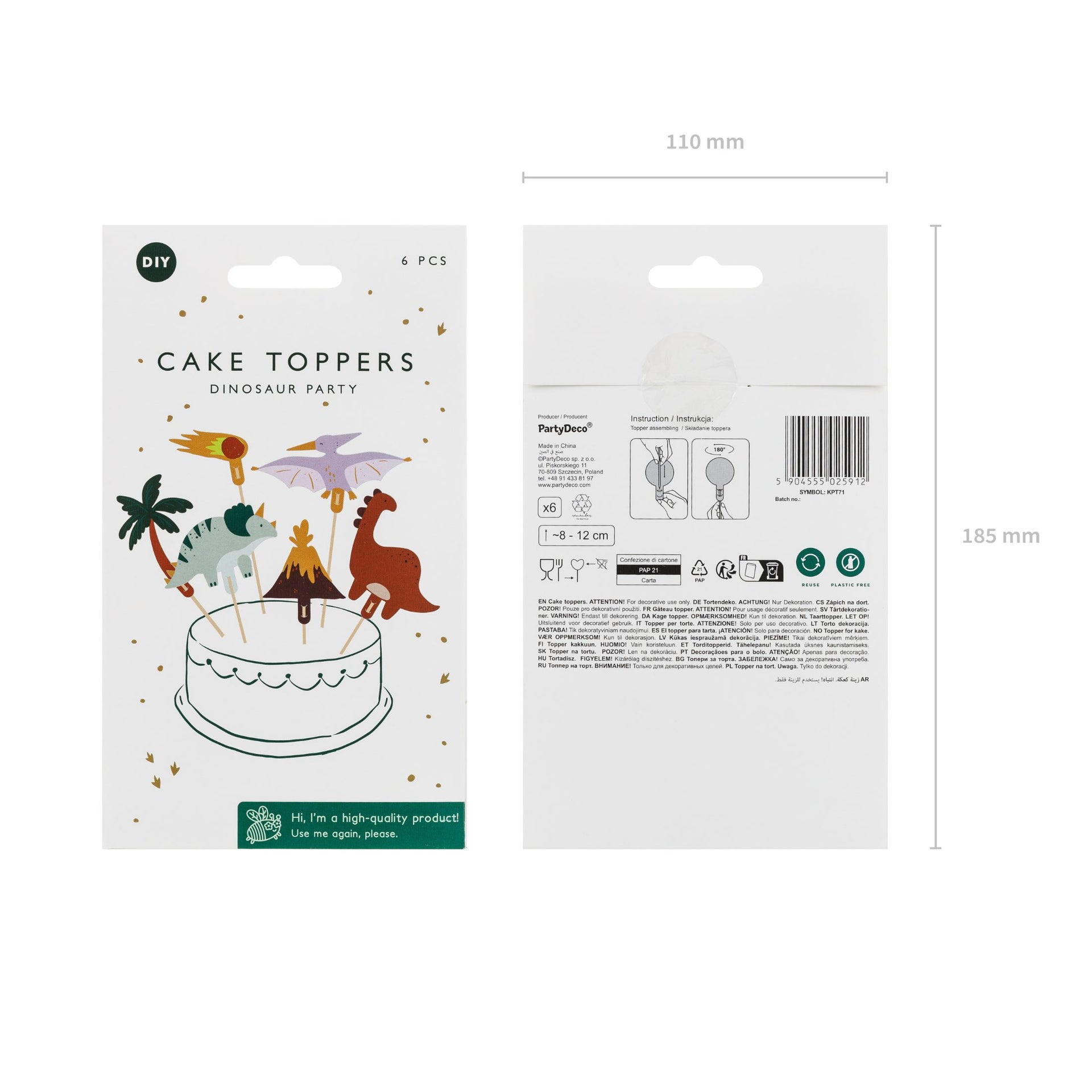 PartyDeco Cupcakes Toppers - Dinosaurs - 8-12cm pk/6