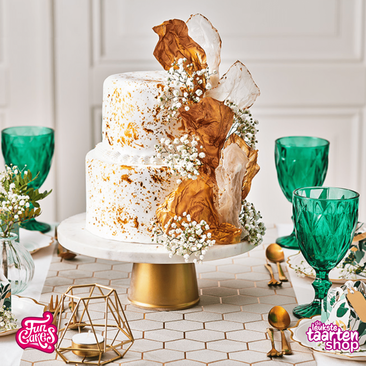 Wedding Cake Gold with rice paper decorations 