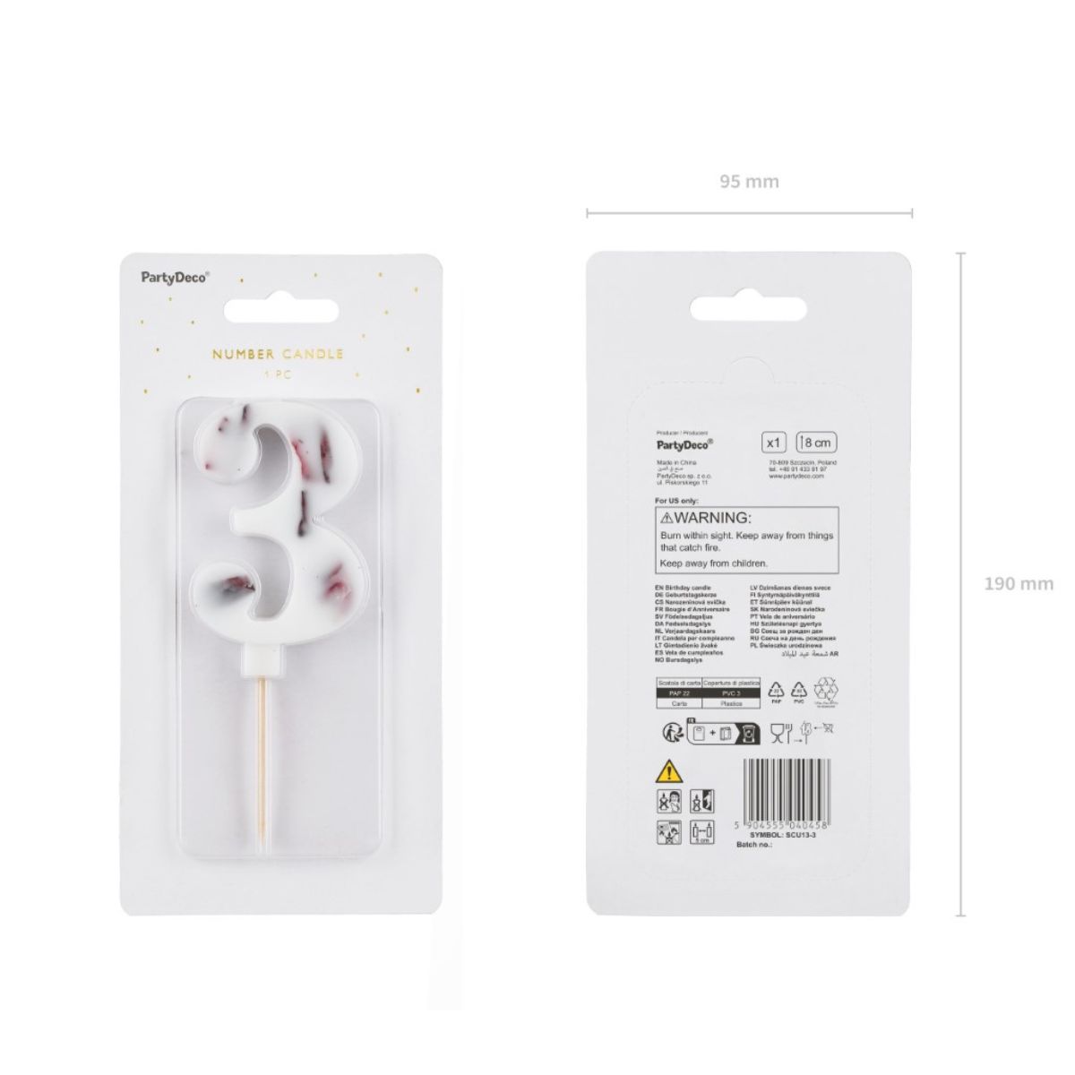 PartyDeco Number Candle 3 - White with Flowers