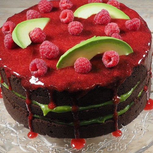 Brownie with avocado and raspberry