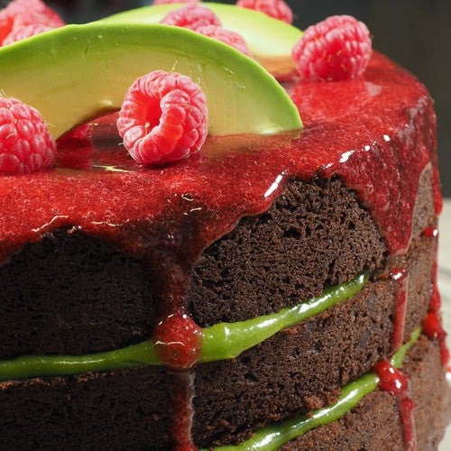 Brownie with avocado and raspberry