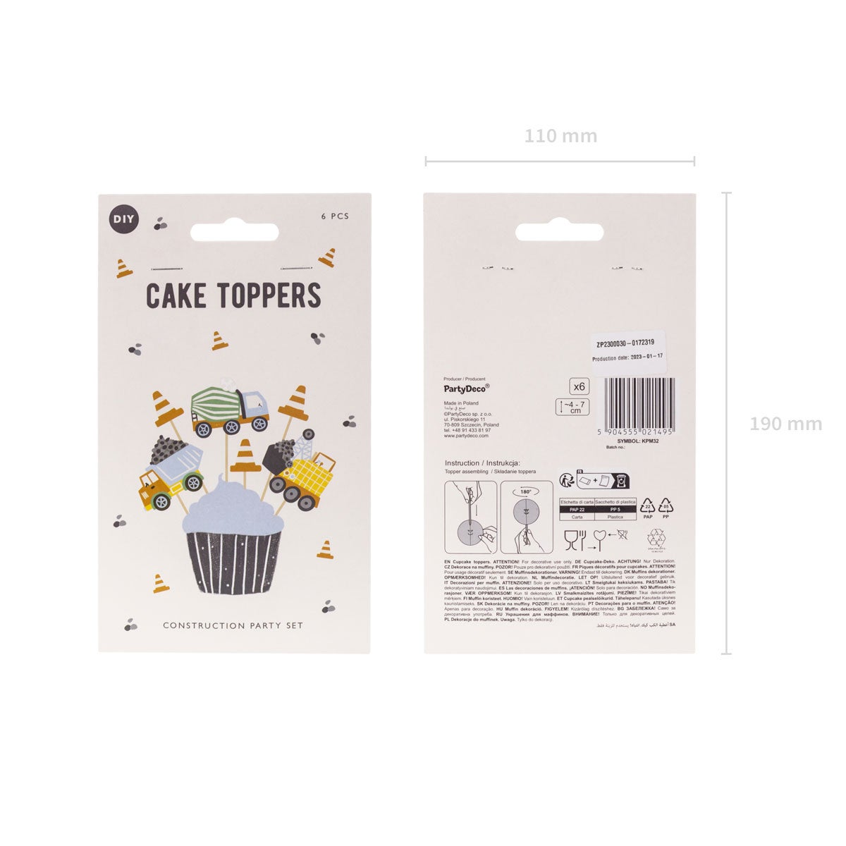 PartyDeco Cupcake Toppers - Construction Work pk/6
