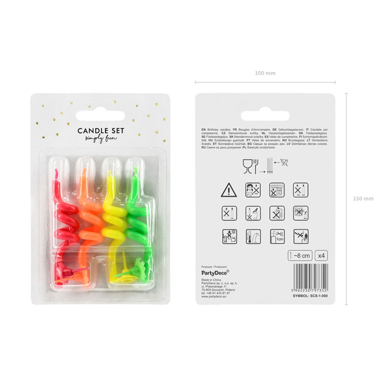 PartyDeco Birthday Candles Curl Mix 8 cm pk/4