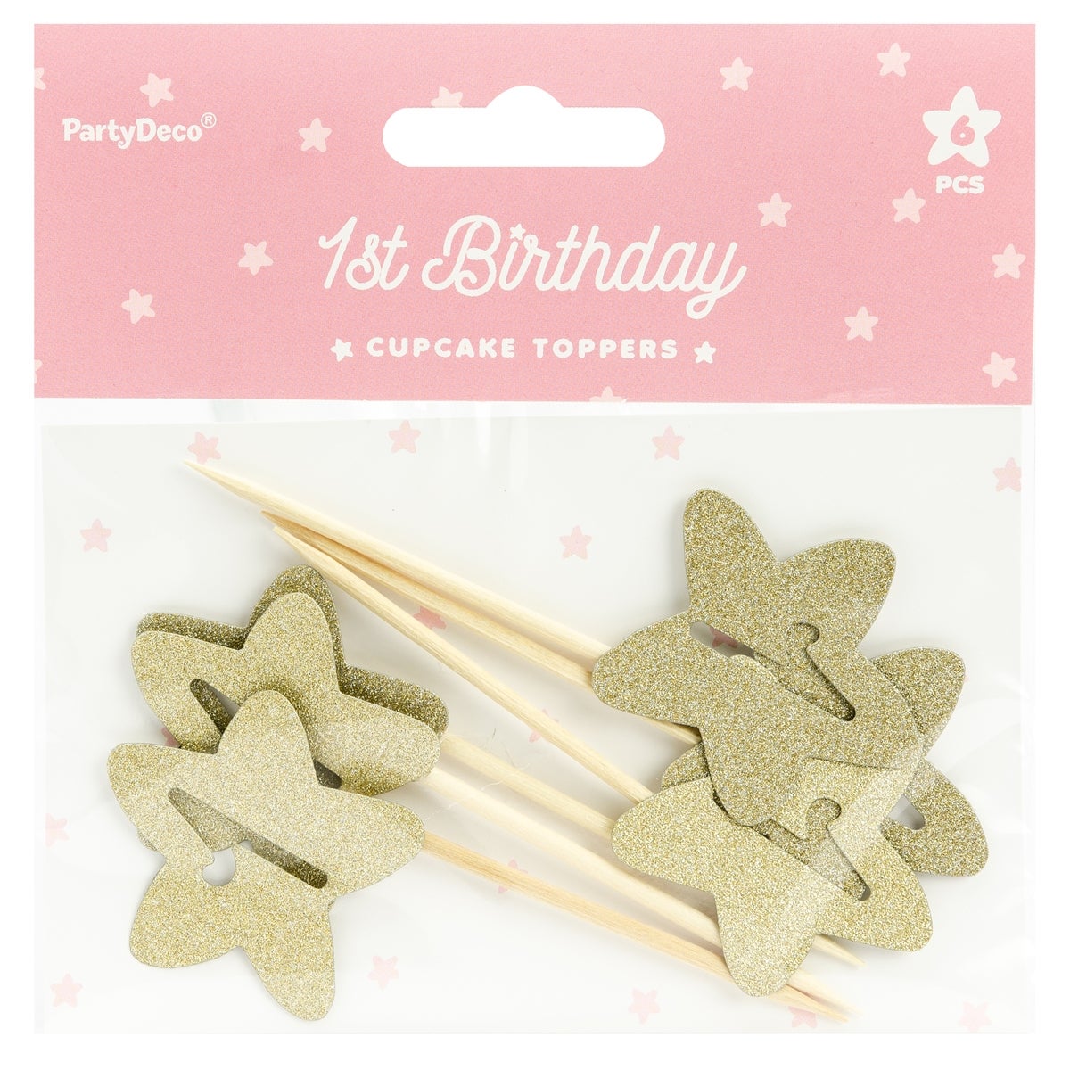 PartyDeco Cupcake Toppers 1st Birthday - Gold Star Set/6