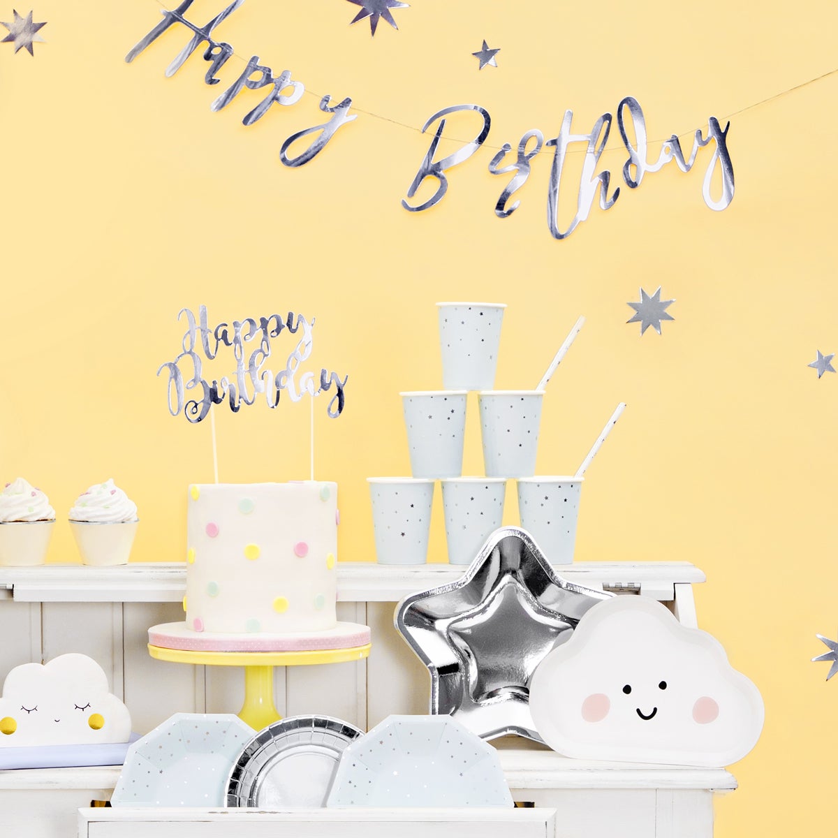 PartyDeco Cake Topper Happy Birthday - Silver