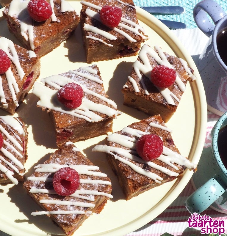 White Chocolate Fudge Blondies with Raspberries